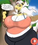  anthro big_breasts bodily_fluids breasts cleavage clothed clothing dialogue eyewear female glasses hi_res huge_breasts mature_female mega_ampharos mega_evolution nintendo obese overweight plantedpot pokemon pokemon_(species) running sweat thick_thighs 