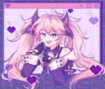  1girl :d ahoge bare_shoulders bright_pupils buttons detached_collar elsword fingerless_gloves flower gloves hair_between_eyes hair_ornament heart highres laby_(elsword) laughing long_hair long_sleeves off_shoulder open_mouth outside_border pink_eyes pink_hair punky_poppet_(elsword) sclovemail sharp_teeth smile solo star_(symbol) strap teeth twintails upper_body upper_teeth_only white_pupils window_(computing) zipper 