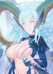  +_+ 1girl blue_hair blue_nails breasts colored_eyelashes curled_horns fate/grand_order fate_(series) horns large_breasts light_blue_hair long_hair midriff nail_polish navel pink_eyes solo stomach tiamat_(fate) upper_body very_long_hair vogel 