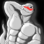  2022 abs ambiguous_gender anthro artist_name between_pecs blush clothed clothing darkzeusbacon day_gecko digital_media_(artwork) duo gecko hand_behind_head hi_res hybrid ian_mcgecko larger_male lizard macro male muscular muscular_anthro muscular_male pecs reptile scalie size_difference smaller_ambiguous sovrim_terraquian spot_color topless topless_male 