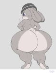  2016 anthro big_butt bodily_fluids bowler_hat breasts breath buckteeth butt butt_focus clothing cotton_tail disney feet female fur grey_body grey_fur hands_on_hips hat hat_only headgear headgear_only headwear headwear_only hi_res huge_butt hyper hyper_butt hyper_hips judy_hopps lagomorph leporid looking_forward mammal mostly_nude multicolored_body multicolored_fur nude open_mouth purple_eyes rabbit rear_view scut_tail short_stack short_tail signature simple_background solo standing sweat tail teeth text thick_thighs tiptoes two_tone_body two_tone_fur xero zootopia 