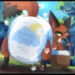  bag big_diaper clothed clothing dialogue diaper diaper_only diaper_puff english_text feral generation_8_pokemon half-closed_eyes hi_res jupiters looking_at_viewer looking_back male narrowed_eyes nickit nintendo pokemon pokemon_(species) solo text topless 