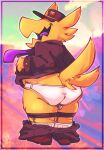  a_hat_in_time anthro avian balls bird bottomwear bottomwear_down butt clothed clothing feathers genitals hat headgear headwear hi_res male open_mouth pants pants_down partially_clothed presenting presenting_hindquarters salamikii the_conductor_(ahit) underwear yellow_body yellow_feathers 