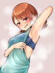  1girl arm_up armpits blue_sports_bra blush bra breasts gojarun highres hojo_karen idolmaster idolmaster_cinderella_girls looking_at_viewer medium_breasts orange_hair presenting_armpit simple_background smile solo sports_bra steaming_body sweat twintails twitter_username underwear upper_body 