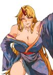  1girl armpit_peek bare_shoulders blonde_hair blue_kimono blush breasts cleavage commentary cowboy_shot floral_print highres horns hoshiguma_yuugi hoshiguma_yuugi_(promo) huge_breasts japanese_clothes kimono kyanduru long_hair looking_at_viewer nose_blush off_shoulder open_mouth parted_bangs print_kimono red_eyes red_horns red_sash sash sidelocks simple_background single_horn smile solo star_(symbol) symbol-only_commentary touhou white_background 
