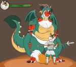  2018 anthro armor breasts canid canine canis_(cainiam) claws cleavage clothed clothing costume dinosaur dragon_costume dragon_wings duo fangs female fox fur gameplay_mechanics gui hair hand_on_hip head_wings health_bar holding_object holding_spear holding_weapon horn male mammal melee_weapon open_mouth overweight overweight_anthro overweight_female polearm raised_tail reptile scales scalie shenzel size_difference spade_tail spear standing tail teeth theropod toe_claws tongue torn_clothing trinity_(shenzel) tyrannosaurid tyrannosaurus tyrannosaurus_rex weapon wings 