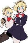  1girl aegis_(persona) alternate_costume android artist_name bag blonde_hair blue_eyes do_m_kaeru gekkoukan_high_school_uniform hairband joints multiple_views neck_ribbon persona persona_3 red_ribbon ribbon robot_girl robot_joints school_bag school_uniform short_hair white_background 