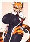  2023 absurd_res anthro arknights big_breasts breasts clothed clothing cute_fangs felid female fur hi_res huge_breasts hypergryph legwear mammal nipple_outline open_mouth pantherine solo studio_montagne tailzkim tiger waaifu_(arknights) white_body white_fur 