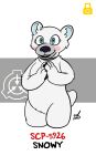  animate_inanimate anthro bear blue_eyes clasped_hands claws female finger_claws fur hi_res living_clothing lock_symbol mammal pawpads pink_cheeks polar_bear scp-5926 scp_foundation simple_background solo ursine white_body white_fur zal_cryptid 