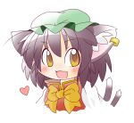 1girl :d animal_ear_piercing bow bowtie brown_eyes brown_hair cat_tail chen commentary_request cropped_torso earrings fang green_headwear heart jewelry looking_to_the_side multiple_tails nekomata ruto5102 short_hair simple_background single_earring skin_fang smile solo tail touhou two_tails upper_body white_background yellow_bow yellow_bowtie 