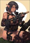  1girl ammunition_belt assault_rifle belt black_belt black_gloves black_hair blush breasts brown_thighhighs bullet chest_harness cleavage commentary commentary_request elbow_gloves english_commentary feet_out_of_frame fingerless_gloves gloves grin gun harness highres holding holding_gun holding_weapon looking_at_viewer medium_bangs medium_breasts no_panties one_eye_closed original pointy_ears pouch puchirisu red_eyes rifle scope short_hair sitting smile solo tactical_clothes thighhighs weapon 