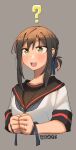  1girl ? artist_logo artist_name black_sailor_collar blush brown_hair collarbone ergot fubuki_(kancolle) fubuki_kai_ni_(kancolle) green_eyes grey_background highres jewelry kantai_collection open_mouth ring sailor_collar school_uniform serafuku short_hair short_ponytail short_sleeves simple_background solo upper_body wedding_ring 