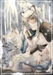  1girl absurdres animal animal_ears arknights bell blue_eyes blue_ribbon braid breasts bright_pupils cloak dress forest grey_hair grey_thighhighs hair_ornament highres holding holding_bell indoors jewelry kawausoman kjerag_logo leopard_ears leopard_girl leopard_tail long_hair long_sleeves nature necklace pramanix_(arknights) ribbon side_braids signature sitting small_breasts snow_leopard snowing solo sun sunlight sunrise tail thighhighs tiara turtleneck watch white_dress white_hair white_pupils winter wristwatch 