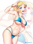  1girl :d arm_up armpits bikini blonde_hair blue_bikini blue_eyes blue_nails braid breasts collarbone crown_braid english_commentary etchimune hand_on_own_hip large_breasts looking_at_viewer navel parted_bangs princess_zelda short_hair smile solo swimsuit teeth the_legend_of_zelda the_legend_of_zelda:_tears_of_the_kingdom twitter_logo twitter_username upper_teeth_only wristlet zoom_layer 