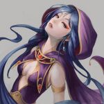  1girl blue_eyes blue_hair breasts breath_of_fire breath_of_fire_i deis dress earrings eyeshadow highres hood jewelry lips long_hair looking_at_viewer makeup otno simple_background solo 