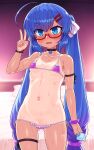  1girl ahoge ass_visible_through_thighs bed bell bikini black_choker blue_eyes blue_hair blush bow breasts cameltoe choker collarbone fang frilled_bikini frills glasses hair_between_eyes hair_bow hand_up highres indoors long_hair looking_at_viewer micro_bikini navel neck_bell null_(nyanpyoun) one-piece_tan open_mouth otomachi_una purple_bikini red-framed_eyewear semi-rimless_eyewear skin_fang small_breasts solo standing string_bikini striped striped_bow swimsuit tan tanlines thigh_strap twintails v very_long_hair vocaloid white_bow 