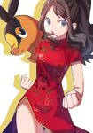  1girl :o alternate_costume brown_hair china_dress chinese_clothes clenched_hands commentary_request cowboy_shot dress eyelashes grey_eyes high_ponytail highres hilda_(pokemon) kana_(kanna_runa0620) long_hair looking_at_viewer open_mouth pokemon pokemon_(creature) pokemon_(game) pokemon_bw red_dress short_sleeves sidelocks tepig 