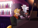  2023 anthro bar bottle canid canine canis clothed clothing container dated duo eyebrows eyes_closed fox fox_mccloud fur hair hi_res inside jacket keyboard_instrument male mammal musical_instrument neckerchief nintendo open_mouth piano playing_music shirt singing sitting smile star_fox suit t-shirt teeth tongue topwear tuft tuxedo_shirt ventkazemaru watermark wolf wolf_o&#039;donnell 