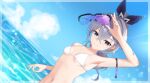 1girl absurdres arm_strap arm_up armpits bare_shoulders bikini blue_sky breasts cloud commentary_request day dutch_angle grey_eyes grey_hair grin hair_between_eyes hair_ribbon highres honkai:_star_rail honkai_(series) long_hair looking_at_viewer navel ocean ribbon silver_wolf_(honkai:_star_rail) sky small_breasts smile solo stomach sunglasses swimsuit upper_body water white_bikini yuxiang_paci 