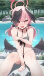 1girl bare_arms bare_shoulders bikini black_bikini black_wings blue_archive blush breasts covering covering_breasts embarrassed feathered_wings feet_out_of_frame hair_between_eyes halo head_wings highres koharu_(blue_archive) koharu_(swimsuit)_(blue_archive) looking_at_viewer mirai_(mirai76_) open_mouth pink_eyes pink_hair sitting small_breasts solo swimsuit thighs tree twintails water wings 