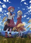  2girls absurdres aki_minoriko aki_shizuha blonde_hair blue_sky dress food food-themed_hair_ornament grape_hair_ornament hair_ornament hat highres kame_(kamepan44231) leaf_hair_ornament long_sleeves multiple_girls open_mouth red_eyes rice_paddy short_hair siblings sisters skirt sky touhou 