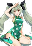  1girl alternate_costume anchovy_(girls_und_panzer) black_ribbon blaze_(blazeillust) breasts china_dress chinese_clothes dress girls_und_panzer green_dress green_footwear green_hair hair_ribbon high_collar high_heels highres long_hair looking_at_viewer open_mouth print_dress red_eyes ribbon salute shadow short_dress side_slit simple_background sitting sleeveless sleeveless_dress smile solo thighs twintails very_long_hair wariza white_background 