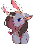  2022 black_hair blue_eyes blush curved_horn daww digital_drawing_(artwork) digital_media_(artwork) embarrassed equid equine fake_ears fake_rabbit_ears female feral fetlocks frown fur grey_body grey_fur hair hi_res horn looking_away malt_cat mammal multicolored_hair oleander_(tfh) simple_background solo them&#039;s_fightin&#039;_herds two_tone_hair unicorn white_background 