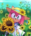  2023 absurd_res amy_rose anthro artist_name blurred_background blush blush_lines breasts clothed clothing digital_media_(artwork) dress eulipotyphlan eyelashes female female_anthro flower grass hair happy hat headgear headwear hedgehog hi_res looking_at_viewer mammal on_model peachyowl pink_hair plant sega smile smiling_at_viewer solo sonic_the_hedgehog_(series) sunflower 