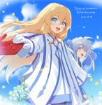  0x0_srnk 1girl 2boys anniversary arm_behind_head arm_up blonde_hair blue_eyes blue_flower blue_jacket blue_sky blue_trim cloud cloudy_sky colette_brunel commentary_request cowboy_shot dated day falling_petals flower genis_sage gloves grey_hair hair_between_eyes highres holding_hands jacket jewelry light_blush lloyd_irving long_hair long_sleeves looking_at_viewer multiple_boys neck_ring necklace open_mouth out_of_frame outdoors outstretched_arms outstretched_hand petals red_gloves robe short_sleeves shorts sky tales_of_(series) tales_of_symphonia teeth upper_teeth_only white_gloves white_robe 