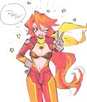  1girl autobot black_bra blue_eyes blush bodysuit bra breasts catchphrase english_text genderswap genderswap_(mtf) gloves grey_gloves hair_between_eyes hand_on_own_hip humanization looking_at_viewer medium_breasts mu_(meatfriedsteak) navel one_eye_closed red_bodysuit rodimus_prime scarf smile solo speech_bubble star_(symbol) straight-on transformers underwear v v-shaped_eyebrows yellow_scarf 