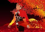  1boy abs archer_(fate) brown_eyes dark-skinned_male dark_skin fate/stay_night fate_(series) hal_(haaaalhal) jacket large_pectorals leaf leaf_on_liquid long_sleeves looking_ahead male_focus maple_leaf pants parted_lips pectorals red_jacket red_theme short_hair signature solo tassel toned toned_male wading white_hair 