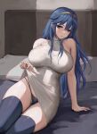  1girl arm_support bare_arms bare_shoulders blue_eyes blue_hair blue_panties breasts chihunhentai clothes_lift dress dress_lift fire_emblem fire_emblem_awakening highres indoors large_breasts lifted_by_self long_hair looking_at_viewer lucina_(fire_emblem) on_bed panties sidelocks sitting sleeveless solo thighhighs thighs tiara underwear upskirt 