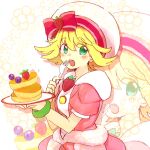  1girl amitie_(puyopuyo) blonde_hair blush dress food fruit green_eyes looking_at_viewer pancake pink_dress puyopuyo short_hair solo strawberry tea0310 white_headwear 