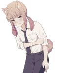  1girl animal_ear_fluff animal_ears black_necktie black_pants brown_eyes brown_hair collared_shirt commentary_request dog_ears dog_girl dog_tail hair_over_shoulder highres kemonomimi_mode leaning_forward long_hair long_sleeves low_twintails necktie original pants shirt simple_background solo tail tsuruse twintails white_background white_shirt 