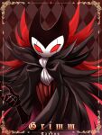  1other absurdres argyle argyle_background black_gloves character_name gloves grimm_(hollow_knight) highres hollow_knight looking_at_viewer no_humans red_eyes signature solo top-exerou upper_body 