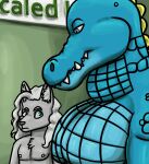  2023 alligator alligatorid anthro azrael_(tertia) azurlligator black_nose blue_body blue_eyes blue_scales blush bulging_neck canid canine canis chest_tuft clothed clothing crocodilian digital_drawing_(artwork) digital_media_(artwork) duo eyebrows fangs fur girl_staring_at_man&#039;s_chest green_wall grey_body grey_fur grey_hair hair hair_over_shoulder half-closed_eyes hi_res inner_ear_fluff interspecies large_pecs larger_male looking_at_another looking_at_partner looking_down male male/male mammal multicolored_body multicolored_scales muscular muscular_anthro muscular_male narrowed_eyes nathile_tiduna nippleless nipples pecs pink_nipples pupils reptile scales scalie scutes sign size_difference skywater slit_pupils smaller_male snout teeth topless topless_anthro topless_male tuft wall_(structure) wavy_hair wolf yellow_scutes 