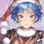  album_cover black_dress blue_eyes blue_hair book check_commentary close-up commentary commentary_request cover doremy_sweet dress fur_collar hat iosys matsuda_(matsukichi) nightcap official_art pom_pom_(clothes) red_headwear short_hair smile sparkle_background touhou touhou_cannonball upper_body very_short_hair 