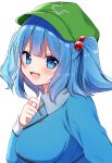  1girl blue_eyes blue_hair blue_shirt blush breasts collared_shirt flat_cap green_headwear hair_bobbles hair_ornament hat highres kawashiro_nitori large_breasts long_sleeves looking_at_viewer medium_hair open_mouth shinonome_asu shirt simple_background smile solo touhou twitter_username two_side_up upper_body white_background 