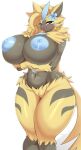  2023 absurd_res anthro areola big_breasts blonde_hair blue_eyes blush breasts curvy_figure female flower generation_7_pokemon genitals hair hand_on_breast hi_res huge_breasts kyodashiro legendary_pokemon looking_at_viewer navel nintendo nipples nude open_mouth plant pokemon pokemon_(species) pussy simple_background solo tail thick_thighs voluptuous white_background wide_hips zeraora 