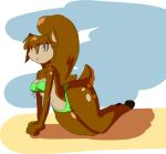  absurd_res anthro beach beady_eyes bikini blue_eyes brown_body brown_fur clothing deer female fur green_bikini green_clothing green_swimwear hair hand_on_floor hi_res hooves looking_at_viewer lying mammal markings nidea_(akubon) on_side ponytail seaside simple_background solo string_bikini swimwear tan_markings unknown_artist 