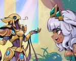  1boy 1girl azir blunt_bangs claws d: dark-skinned_female dark_skin dress from_side gem gold_armor grass green_dress green_eyes grey_hair hair_ornament hands_up league_of_legends long_hair multicolored_background orange_eyes phantom_ix_row profile qiyana_(league_of_legends) shiny_skin shoulder_plates sweatdrop teeth upper_teeth_only 