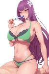  1boy 1girl bad_source blush breasts cleavage collarbone fate/grand_order fate_(series) food fujimaru_ritsuka_(male) girl_on_top hair_ornament highres holding holding_food holding_popsicle implied_sex large_breasts long_hair lvl_(sentrythe2310) lying navel on_back open_mouth popsicle purple_hair scathach_(fate) scathach_skadi_(fate) simple_background solo_focus underboob white_background 