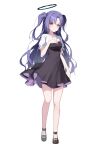  1girl absurdres alternate_costume bare_legs black_dress black_footwear blue_archive breasts casual closed_mouth dress frown full_body halo hand_on_own_chest highres long_hair looking_at_viewer mary_janes medium_breasts parted_bangs purple_eyes purple_hair shirt shoes short_sleeves solo standing two_side_up ugwa very_long_hair wavy_hair white_shirt yuuka_(blue_archive) 