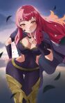  1girl absurdres belt blunt_bangs bodysuit breasts brown_eyes cape cleavage cleavage_cutout clothing_cutout facial_mark finger_to_mouth fire_emblem fire_emblem_engage hand_on_own_hip highres long_hair looking_at_viewer pearlbbbb red_hair shushing solo star_(symbol) yunaka_(fire_emblem) 