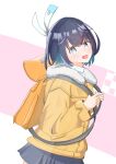  16bit_sensation 1girl akisato_konoha backpack bag black_hair blue_eyes coat colored_inner_hair hair_ornament highres hood hoodie looking_at_viewer multicolored_hair short_hair short_shorts shorts simple_background solo standing yellow_coat yuchishiki 