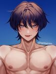  1boy abs black_shirt blush genshin_impact hat highres male_focus muscular muscular_male nettskiiee nipples purple_eyes purple_hair scaramouche_(genshin_impact) shirt short_hair smile tongue tongue_out topless_male wanderer_(genshin_impact) 