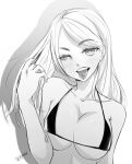  1girl arm_tattoo artist_name bikini breasts commentary greyscale highres jellymation large_breasts long_hair micro_bikini monochrome raised_eyebrow real_life signature solo swimsuit tattoo tongue tongue_out upper_body 