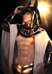  1boy abs absurdres arm_up bare_pectorals brown_hair cloak closed_mouth commentary_request dark_skin fate/grand_order fate_(series) fingernails hair_between_eyes helmet highres long_sleeves male_focus navel ozymandias_(fate) partial_commentary pectorals pymal2 short_hair solo upper_body white_cloak yellow_eyes 