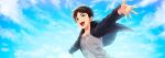  1boy :d alternate_eye_color blue_eyes blue_sky eren_yeager foreshortening from_below highres long_sleeves male_focus onimoti outstretched_arms shingeki_no_kyojin short_hair sky smile spread_arms upper_body 
