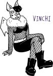  2023 absurd_res ambiguous_gender anthro bat black_and_white blarf022 boots clothing fishnet fishnet_clothing fishnet_legwear fishnet_topwear footwear hi_res honduran_white_bat leaf-nosed_bat legwear mammal microbat monochrome nonbinary_(lore) sitting topwear vinchi_von_bat_(blarf022) wings yangochiropteran 